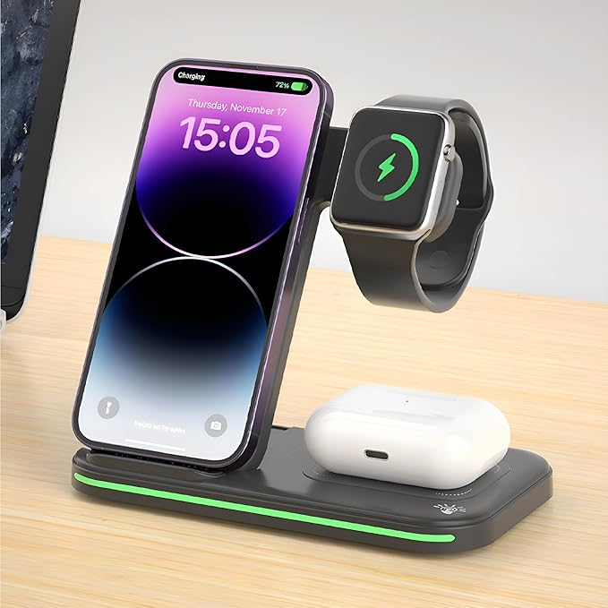 MMOBIEL Wireless Charging Station Compatible with iPhone, Apple Watch and AirPods - 3-in-1 Wireless Charging Stand - 15W - Fast Smart Galaxy